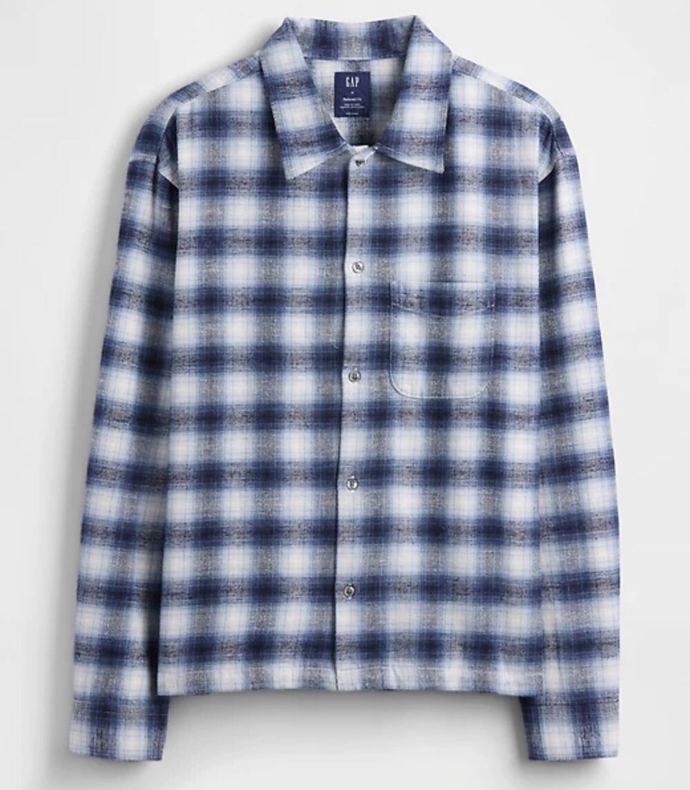 Gap Mens Large Cropped Light Blue Shadow Plaid Flannel